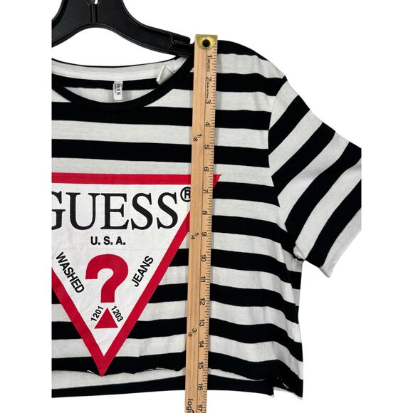 Vintage 90s Guess Cropped Tee Shirt Logo Black White Stripe Large Womens - Picture 3 of 5